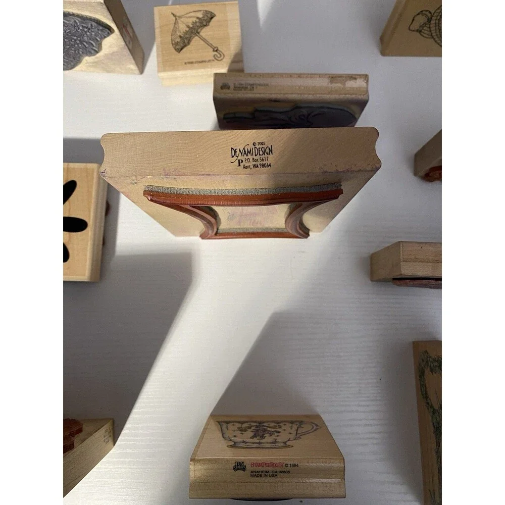 Lot 11 Vtg Wood Rubber Stamps: River City Roadster, Denami, Stampin' Up!, Misc